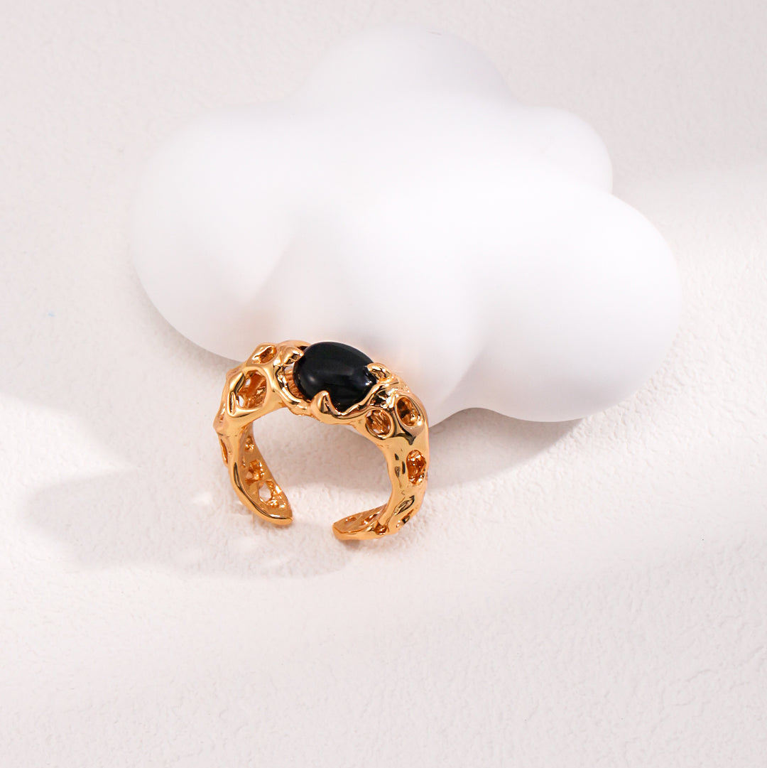 18K Gold-Plated 925 Silver Black Onyx Statement Ring