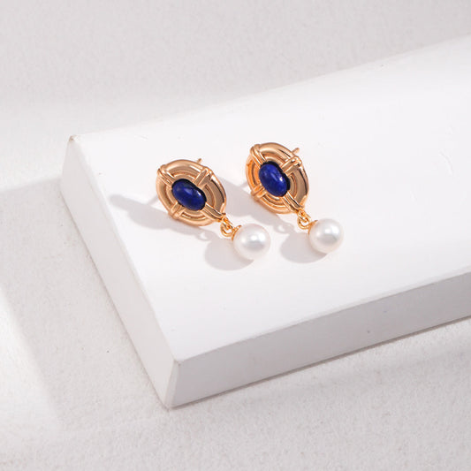 18K Gold-Plated 925 Silver Antique Gold Silver Lapis Lazuli Pearls Earrings