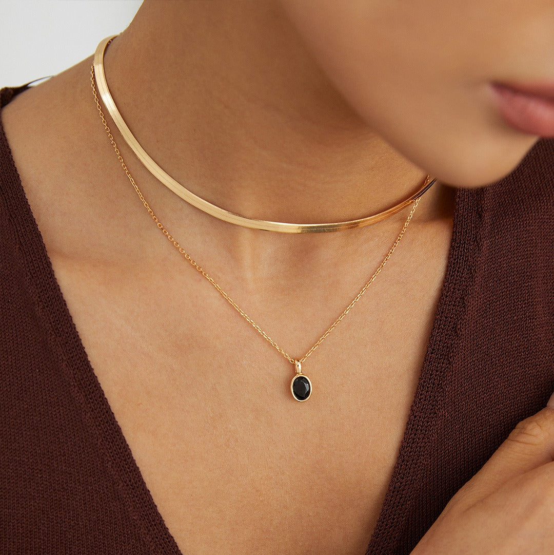 18K Gold-Plated 925 Silver Oval Onyx Pendant Necklace