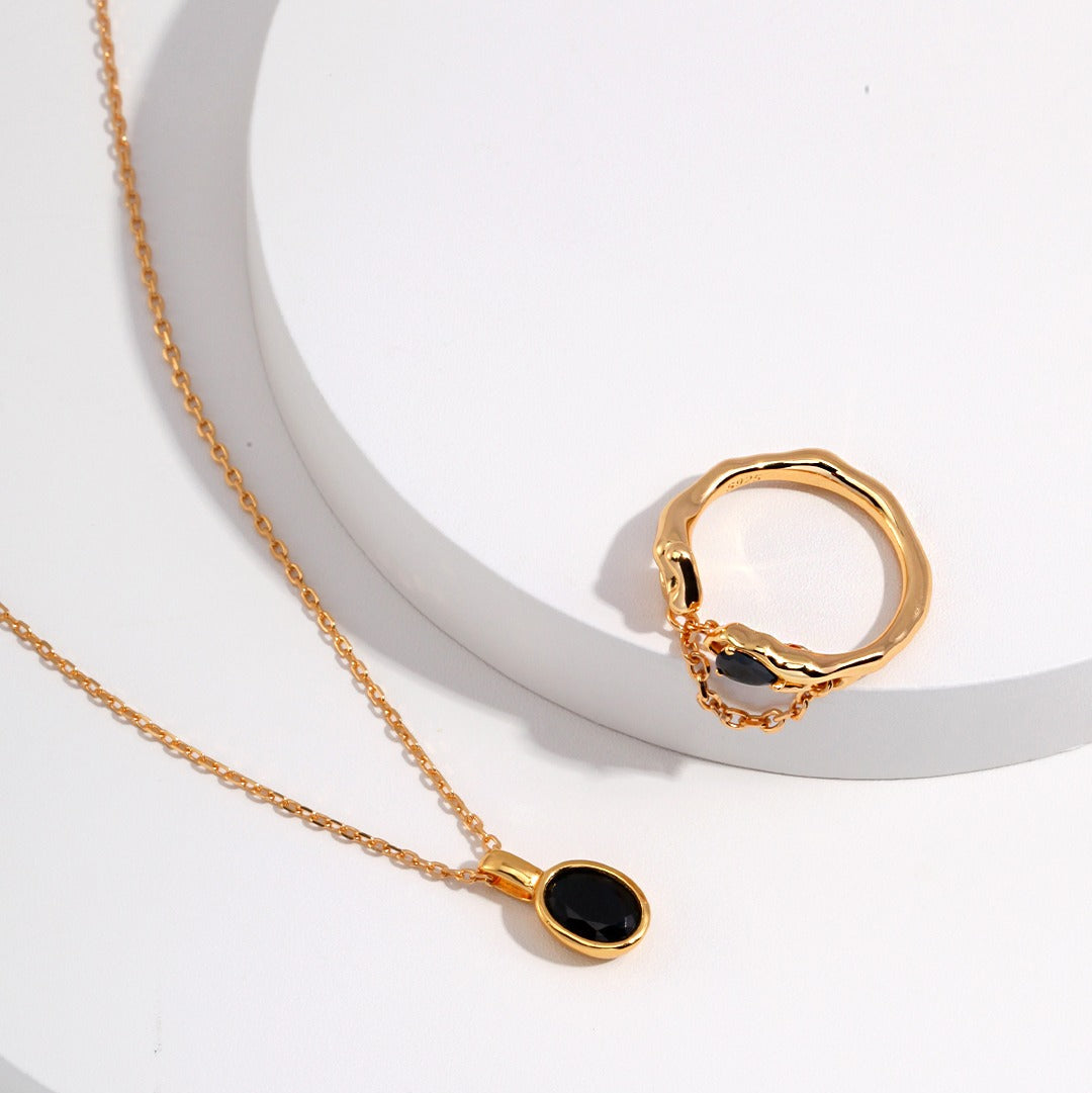 18K Gold-Plated 925 Silver Oval Onyx Pendant Necklace