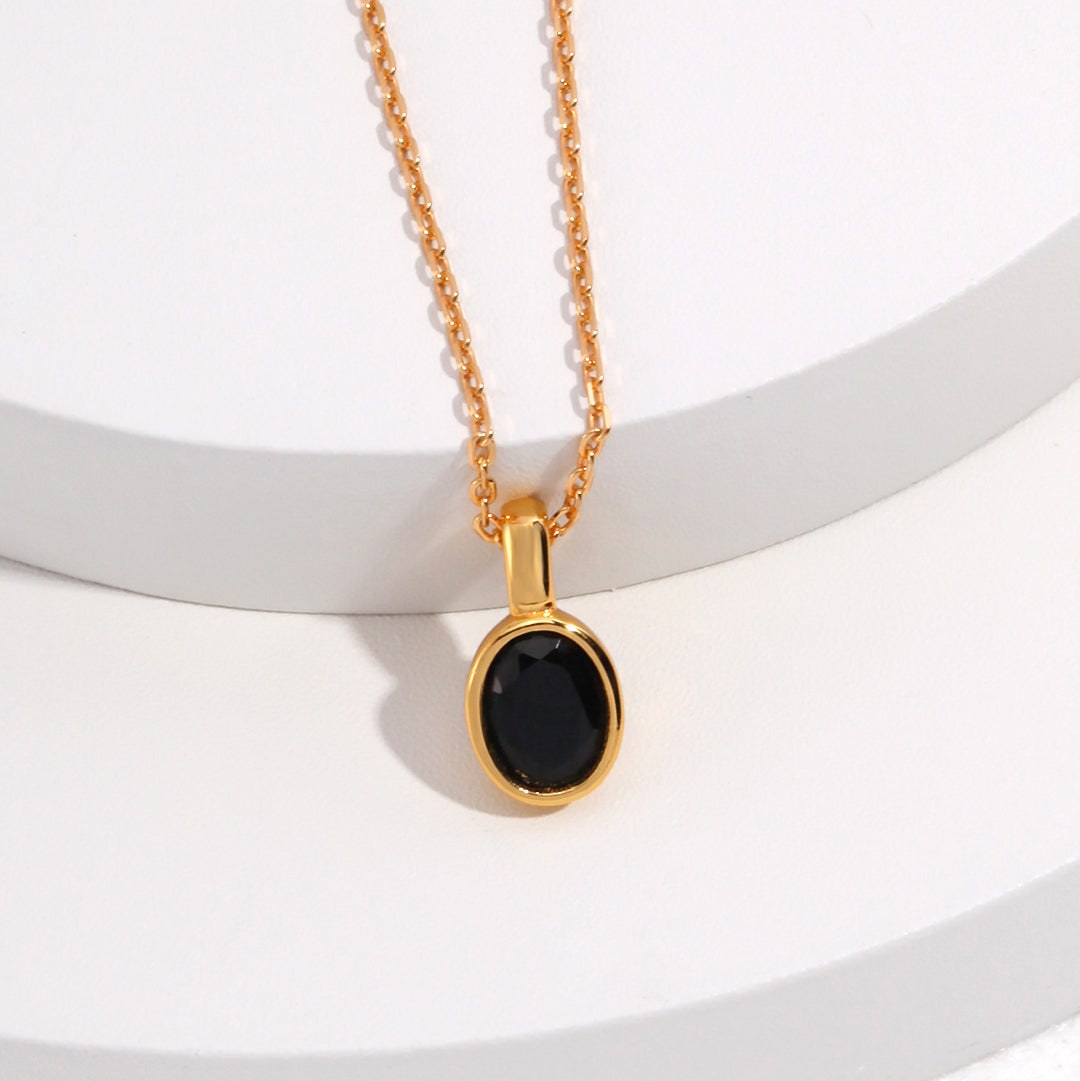 18K Gold-Plated 925 Silver Oval Onyx Pendant Necklace