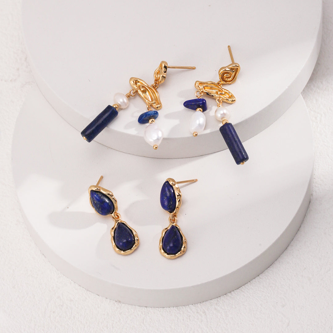 18K Gold-Plated 925 Silver Lapis Lazuli Drop Earrings in 925 Silver