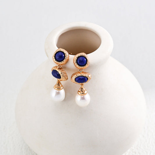 18K Gold-Plated 925 Silver Antique Gold Lapis Lazuli Pearl Earrings