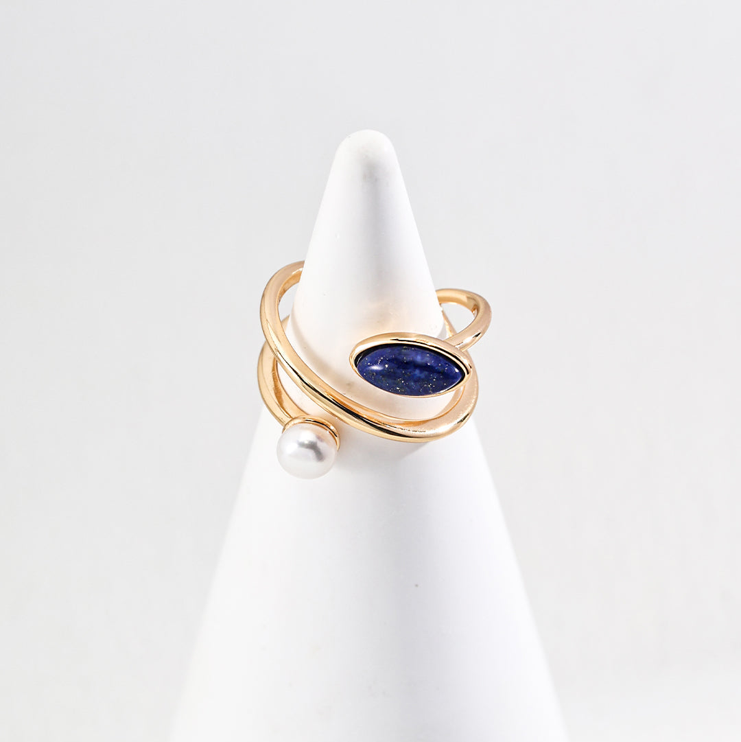 S8K Gold-Plated 925 Silver Natural Pearl Lapis Lazuli Ring