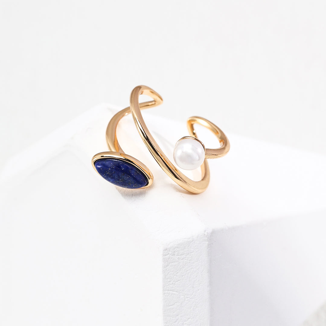 S8K Gold-Plated 925 Silver Natural Pearl Lapis Lazuli Ring