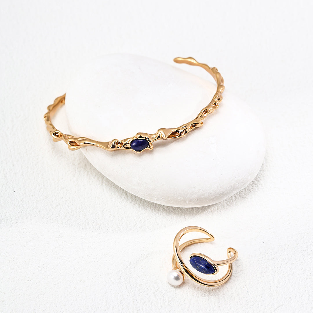 S8K Gold-Plated 925 Silver Natural Pearl Lapis Lazuli Ring