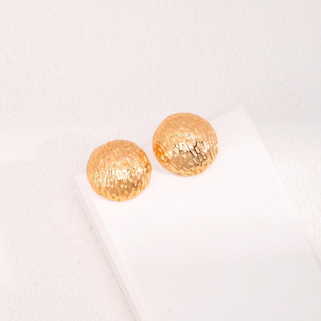 18K Gold-Plated Hand-Carved Textured Round 925 Silver Stud Earrings