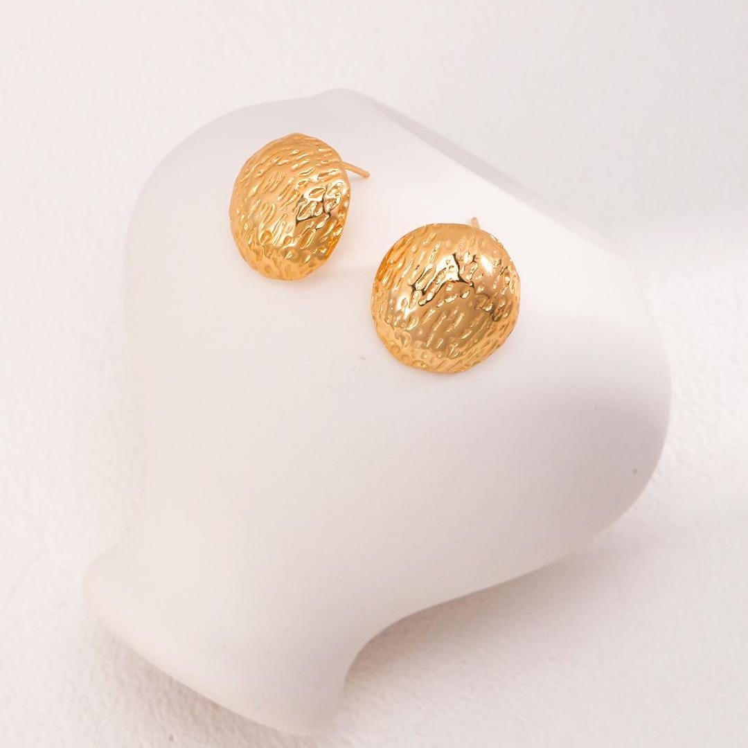 18K Gold-Plated Hand-Carved Textured Round 925 Silver Stud Earrings